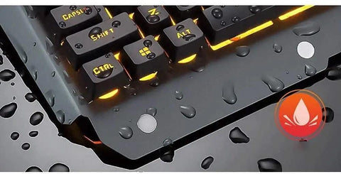 Top Tier Gaming Keyboard And Mouse Combo Featuring Colorful Breathing RGB Backlights And High Response Mouse, showing water-resistant keys.