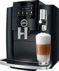 Recertified S8 Automatic Coffee And Espresso Maker In Slick Piano Black Featuring Color Touchscreen Aroma Grinder And Fine Foam Tech with latte glass