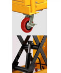 Built Tough Electric Hydraulic Lift Platform With 500kg Load Capacity Mobile Flatbed Cart showing swivel wheel and hydraulic lift mechanism.
