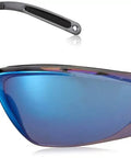Built Tough Safety Glasses With Blue Mirror Polycarbonate Lenses And Super Comfy Wraparound Temples For Dead Clear Vision And Snug Secure Grip In Sleek Gray Finish Bulk Pack Of 10 side view of stylish safety glasses with blue mirror lenses