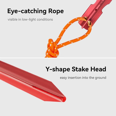 Ultralight 7-Inch Aluminum Tent Stakes Set 12 Pack With Reflective Pull Ropes, Tri-Beam Ground Pegs In Carrying Bag, Red