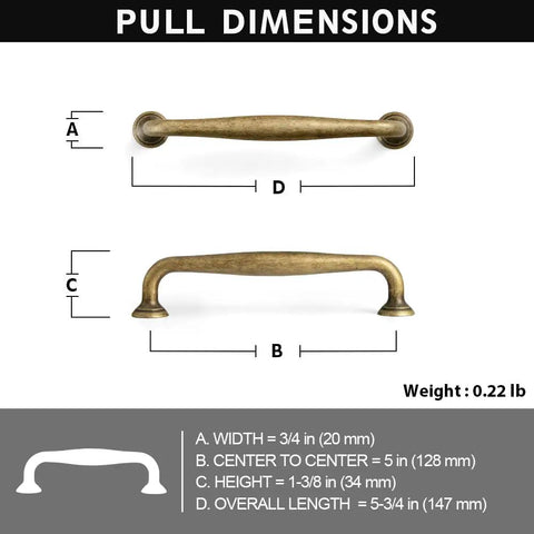 Antique Brass Cabinet Pulls Set Of Twelve Vintage Zinc Alloy Drawer Handles For Kitchen And Dressers Farmhouse Heavy Duty Cupboard Hardware 5 Inch Length Old School Vibe dimensions diagram