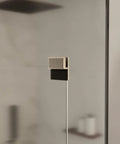 Slick Brushed Nickel Shower Door Stop With A Beveled Frameless Build Featuring Heavy Duty Brass And Rubber Buffer For Quarter To Three Eighth Inch Glass Keeps Panels Tight And Quiet Straight Up Bathroom Upgrade, close-up view.