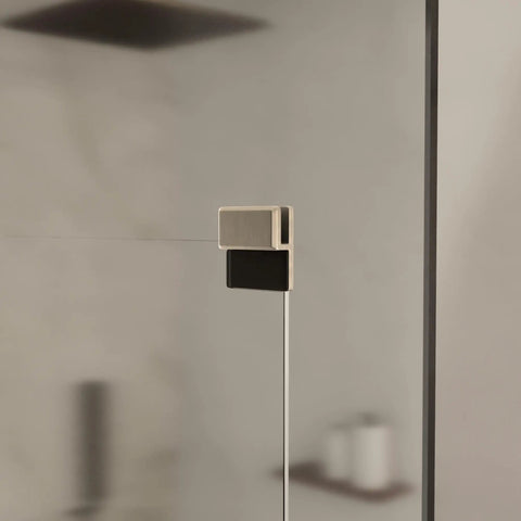 Slick Brushed Nickel Shower Door Stop With A Beveled Frameless Build Featuring Heavy Duty Brass And Rubber Buffer For Quarter To Three Eighth Inch Glass Keeps Panels Tight And Quiet Straight Up Bathroom Upgrade, close-up view.