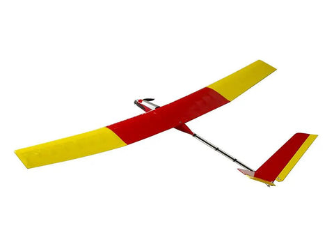 Uzi Glider RC Plane Kit 1.4M Laser Cut Balsa Wood Sailplane with vibrant red and yellow wings for outdoor flying.