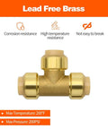 Brass 1/2 inch push-fit tee fitting for Copper PEX CPVC pipes. Shown with disconnect clip in plumbing and heating kit.