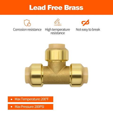 Brass 1/2 inch push-fit tee fitting for Copper PEX CPVC pipes. Shown with disconnect clip in plumbing and heating kit.
