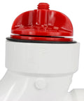 Front view of DANCO PlugAll mechanical test plug with red cap on white PVC fitting for 1-1/2–2 in DWV pipes