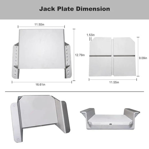 4 Inch Setback Jack Plate For Outboard Motors Up To 35 HP With Manual Lift System And Wooden Mounting Block Included Improve Engine Clearance Distance From Transom For Skiffs And Small Aluminum Boats. Dimensioned aluminum jack plate with 11.5-inch width shown