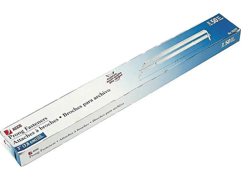 Premium Heavy Duty Prong Fastener Set Top Shelf Binding Clips For Documents And Paper Organization Quick Snap Two Piece Self Locking Design Rock Solid Storage Hardware Silver Finish Box Of Fifty packaging image showing a box of prong fasteners with 50 clips.