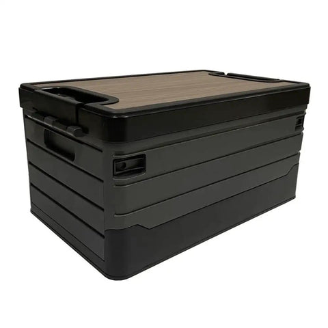 Kickass Folding Tailgate Crate Featuring Heavy Duty Wooden Tabletop Lid And Hella Massive Storage Volume For Smooth Car Camping Gear Organization And Rapid Trunk Setup In Matte Charcoal Black Coating