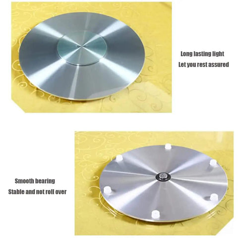 Bottom view of Big Round Glass Lazy Susan Turntable For Dining Table With Quiet Bearings and smooth rotating aluminum base.