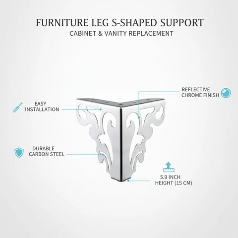 S-Shaped Heavy-Duty Cabinet Support Leg Carbon Steel, 5.9 Inch Height, chrome finish, for cabinets and vanities.