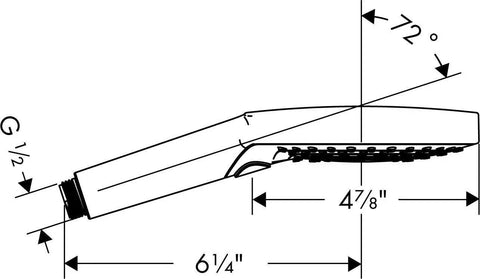 Technical diagram of Raindance Select S 5 Inch Handheld Shower Head With Rain Rain Air And Whirl Modes No Brainer Install Modern White Chrome Finish Hose Sold Separately 87 No Clog Sprays For Smooth Water Flow, showing dimensions and angles.