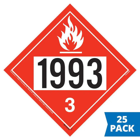 UN 1993 Class 3 Flammable Liquid Placards 25 Pack Removable Self Adhesive Economy Vinyl 10.75 Inch By 10.75 Inch Square For Short Term Hazmat Shipping DOT Compliant No Hassle