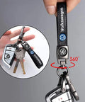 Leather Car Keychain For Women And Men, Durable Iron Key Ring With Premium Leather Fob shown with Volkswagen keys, 360-degree swivel.