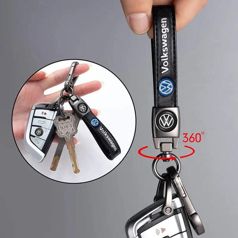 Leather Car Keychain For Women And Men, Durable Iron Key Ring With Premium Leather Fob shown with Volkswagen keys, 360-degree swivel.