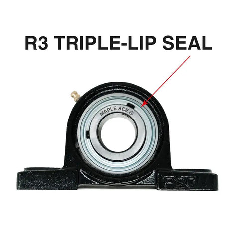 Close-up of Built Tough Pillow Block Bearing With One And A Quarter Inch Bore, 2 Bolt Self Aligning, R3 Triple Lip Seal