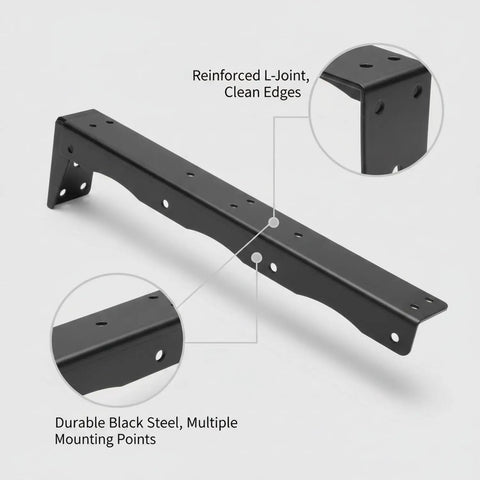 Hidden Under Shelf L Shaped Steel Bracket For Floating Shelves with reinforced L-joint, black finish and multiple mounting points.