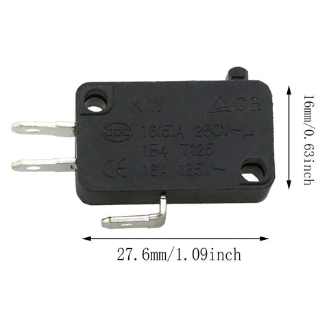 Close-up of Two Pack 1NO 1NC Push Button Micro Switches For Appliances And Gadgets, Microwave Ovens, Washers, Rice Cookers, And Game Consoles, Normally Open Close, High Temperature PBT Shell, 125V 5A, Built Tough And Reliable with measurements