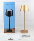Gold cordless table lamp with box, USB cable, and manual; Cordless Table Lamps With 5200mAh Battery IP54 Waterproof Aluminum Alloy Touch Dimming Indoor Outdoor Use For Restaurants Buffets Bars Cafes Gold Long Lasting Battery Life For All Day Use Patio Ready visible