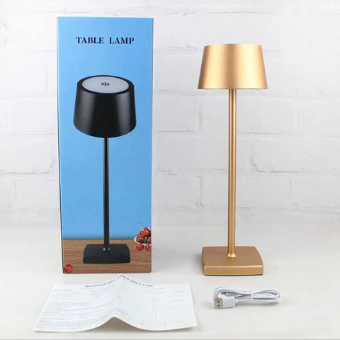 Gold cordless table lamp with box, USB cable, and manual; Cordless Table Lamps With 5200mAh Battery IP54 Waterproof Aluminum Alloy Touch Dimming Indoor Outdoor Use For Restaurants Buffets Bars Cafes Gold Long Lasting Battery Life For All Day Use Patio Ready visible