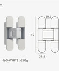 Invisible 3D Adjustable Concealed Door Hinges Heavy Duty Zinc Alloy Butt Hinge, white, with dimensions and weight