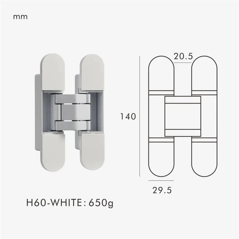 Invisible 3D Adjustable Concealed Door Hinges Heavy Duty Zinc Alloy Butt Hinge, white, with dimensions and weight