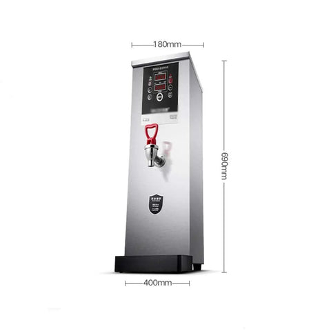 Heavy Hitting Commercial Step Water Heater With Triple Layer Insulation Offers Rock Solid Heat Lock And Instant Continuous Flow Hot Water, silver metal design with digital display.