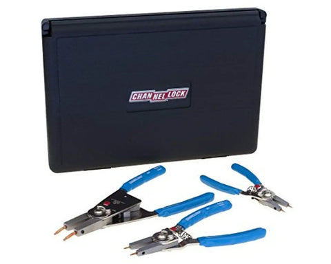 Retaining Ring Plier Set 15 90 Degree Convertible 3 Piece Kit For Bore Diameters 1/4 To 4 Inches with blue handles and case
