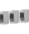 Three weatherproof electrical junction boxes with transparent covers for outdoor industrial control panels, IP65 rated, tough enclosures.