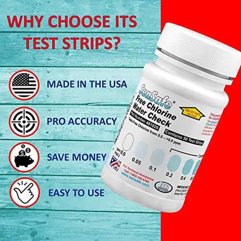 Free Chlorine Test Strips, USEPA Approved Method D99-003, 50 test strips, easy-to-use for measuring 0.05 to 6.0 ppm. Made in USA.