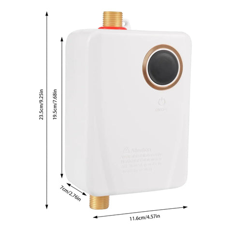 Instant Hot Water Heater Tankless Electric 3000W Wall Mounted With Clear Digital Display Stainless Steel Body side view with dimensions