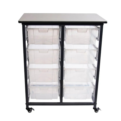 Hassle Free Heavy Duty Mobile Bin Storage Cart With Double Row Steel Rack And Eight Deep Clear Plastic Tub Bins, Slick Rolling Casters And Secure Anti Pull Handles To Keep Your Workshop Sorted