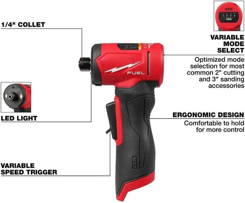Top Tier Quarter Inch Cordless Right Angle Die Grinder With Brushless Motor And Snappy Trigger For Heavy Duty Grinding And Sanding Jobs, 1/4" collet and variable speed trigger for precision use.
