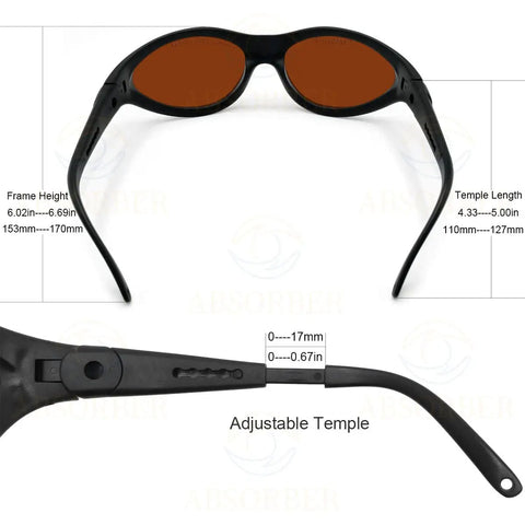 Top Shelf Professional Laser Safety Glasses With OD 8 Plus Tough Eye Protection For Blue Red And Green Lasers Covering 190Nm To 1100Nm Wavelengths With Sweet UV Blocking Coating And Snazzy Frame, showing adjustable temple length.