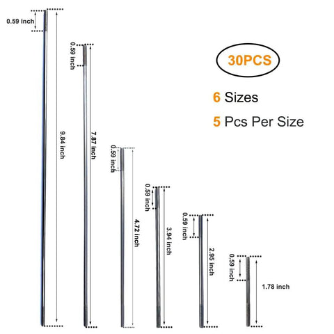30Pcs M2 Pushrod Connectors Set In 304 Stainless Steel showing 6 different lengths for RC planes, helicopters, boats, and cars.