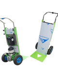 Heavy Duty Electric Stair Climbing Cart Makes Moving Furniture Super Easy And Laborsaving For Warehouse Staff To Haul Washers, Fridges, Or Big Boxes Up And Down Steps Without Breaking A Sweat Today - side and front view of the cart.