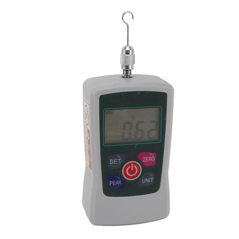 Pro Grade 50N Push Pull Digital Force Tester Meter with Built-In Sensor, Compact Portable Force Gauge for Precise Tension and Compression Testing, Durable Handheld Digital Force Meter for Lab and Shop, front view with hook