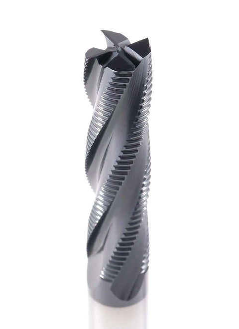 Front view of a TiAlN-coated 1/2 in shank roughing end mill, 4-flute, M42 8% cobalt.