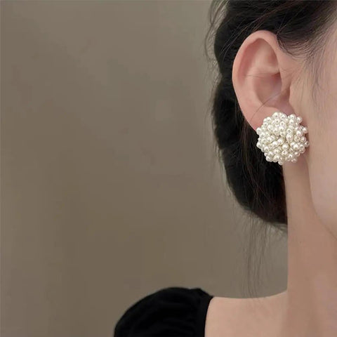 Y2K Vibe Vintage Pearl Bead Cluster Stud Earrings For Women White Boho Chic Jewelry Lightweight Comfort Perfect Everyday Glam Hypoallergenic Post Subtle Shine For Any Outfit, side view