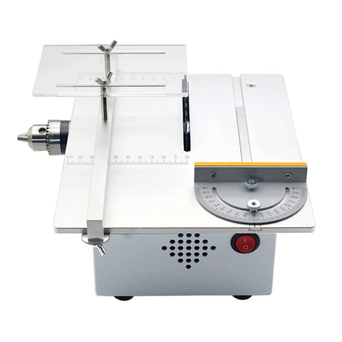 Heavy Duty Mini Sliding Table Saw Engineered For Rugged DIY Builds And Serious Woodworking features clear acrylic fence and steel base.