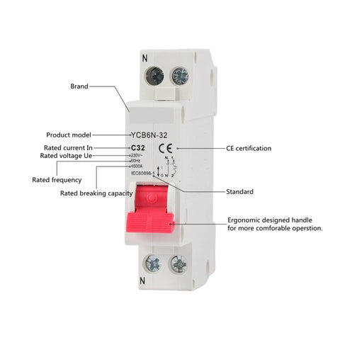 Top Shelf 1P+N Mini Circuit Breaker MCB Phase Neutral Electrical Switch with ergonomic handle, rating C32 for home grid protection.