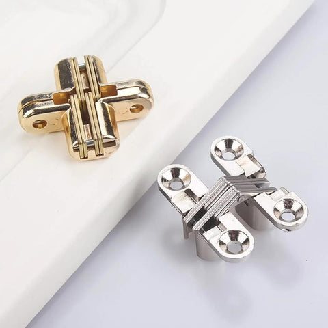 Hidden Cross Hinges For Doors 4 Pack 180 Degree Opening Stainless Steel Satin Finish Invisible Gate Hinges For Folding Doors Cabinets Chests And Wooden Boxes Vctitil, shown in gold and silver.