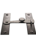 Front view of Two And A Half Inch Black Wrought Iron Barn Door Gate Latch with mounting hardware and rust resistant powder coat finish.