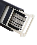 Close-up of No Sweat Smooth Self Inking Date Roller Stamp With Crisp Adjust Dial Rugged Abs Alloy Frame for marking dates.
