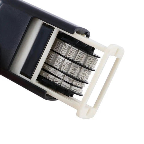 Close-up of No Sweat Smooth Self Inking Date Roller Stamp With Crisp Adjust Dial Rugged Abs Alloy Frame for marking dates.