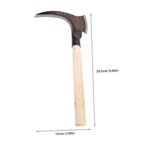 Portable Manganese Sickle For Weeding And Harvesting, showing dimensions, ergonomic wooden handle