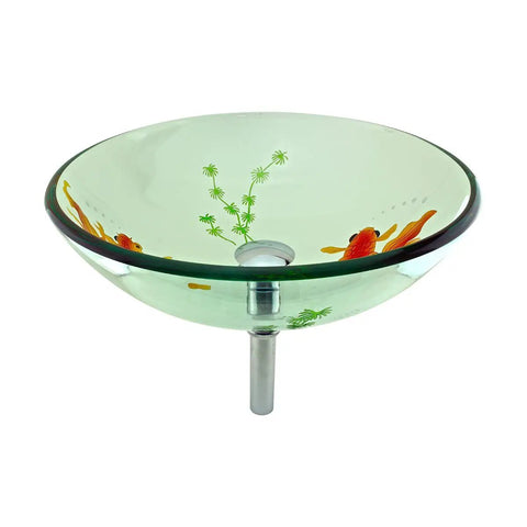 Round Glass Vessel Sink 16.5 Inch Durable Tempered Glass Bathroom Basin With Chrome Drain Koi Fish Design, side view