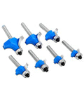 7 Piece Roundover Router Bit Set With One Quarter Inch Carbide Bits And One Half Inch Shank Adapters For Woodworking Edging
